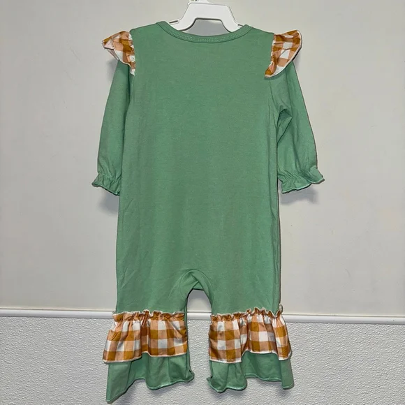 Baby Girl Green Orange Plaid Pumpkin Ruffle Bodysuit 6-9 M Fall Autumn Romper - Picture 4 of 11